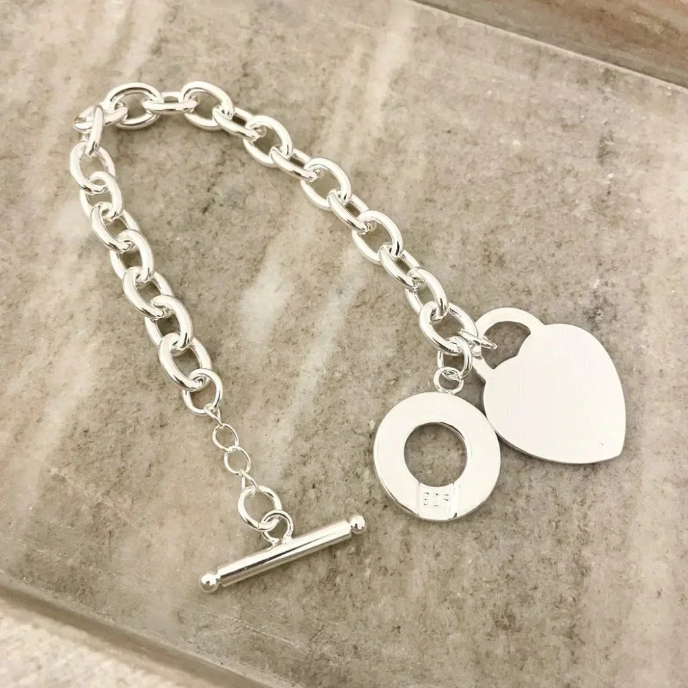 925 Sterling Silver Bead Heart Toggle Bracelet Chunky Thick Bold Link Bracelet - Picture 3 of 3
